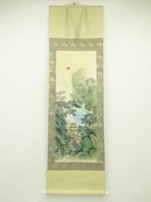 勝英筆　彩色山水　肉筆絹本掛軸